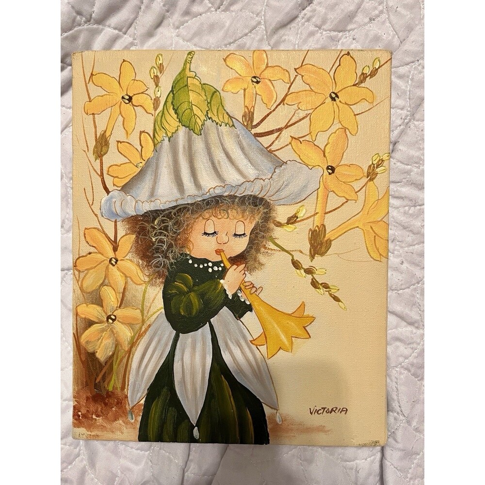 Vintage 70s 80s Victoria Big Eye Flower Child Oil Painting Canvas 8x10 Kitsch